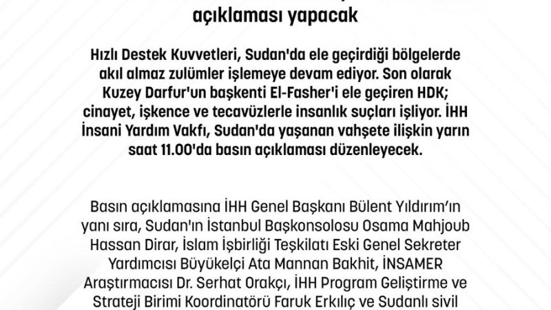 İHH Sudan'daki duruma ilişkin basın açıklaması yapacak