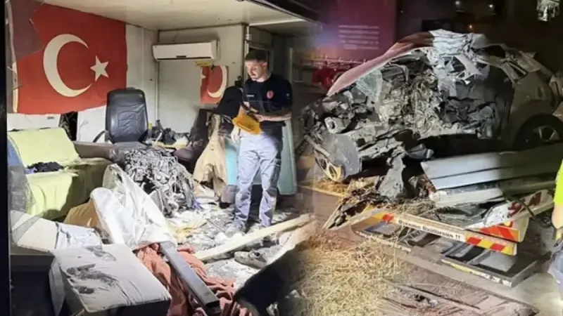 Direğe çarpan otomobilin motoru işçi barakasına girdi: Facia son anda önlendi